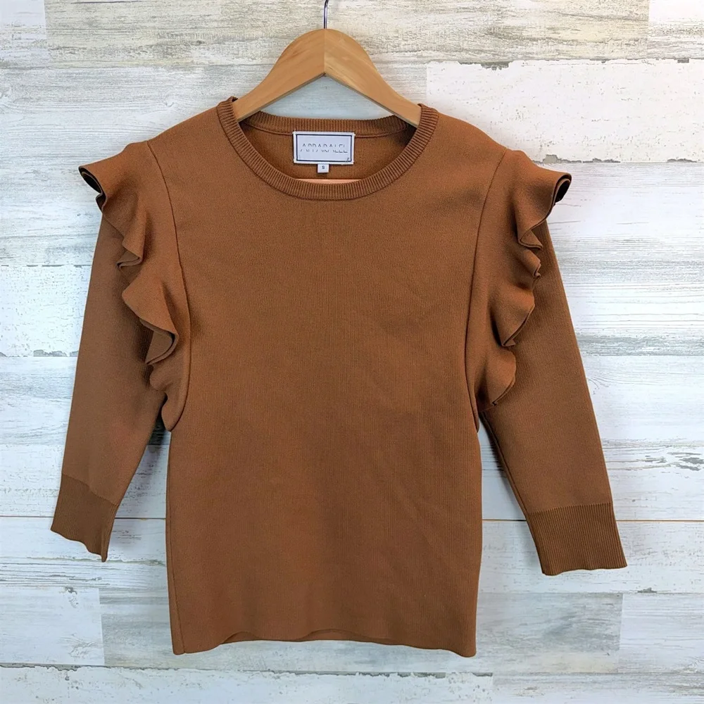 Apparalel Ruffled Shoulder Long Sleeve Top Brown Size Small - Picture 4 of 12